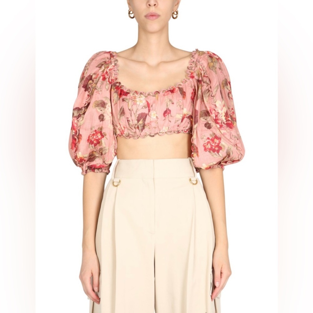 Zimmermann Cassia Cropped Scalloped Floral Print linen Top size 1